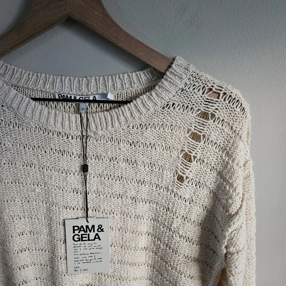 Pam & Gela Cream Fringe Open Back Sweater NWT